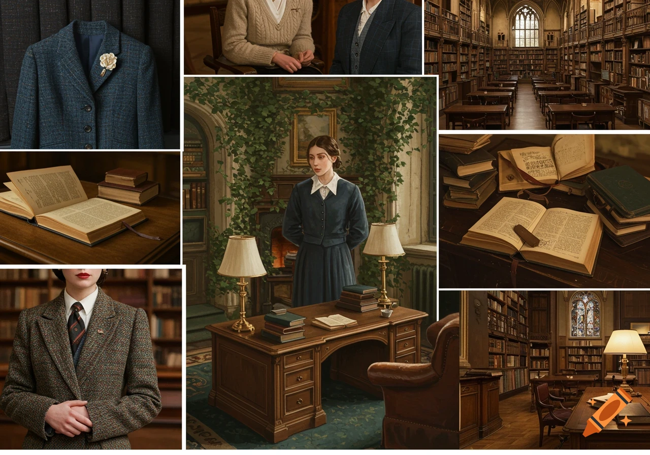 A collage of vintage-style images featuring individuals in classic attire, libraries, and open books, evoking an old money academic aesthetic.