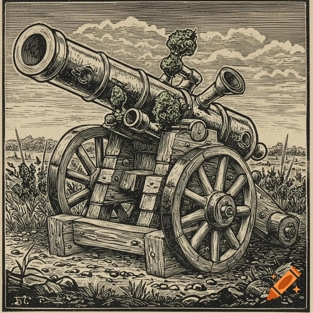 A rustic woodcut print shows a cannon on wheels, adorned with marijuana buds and pipe-like elements, in a field under a cloudy sky.