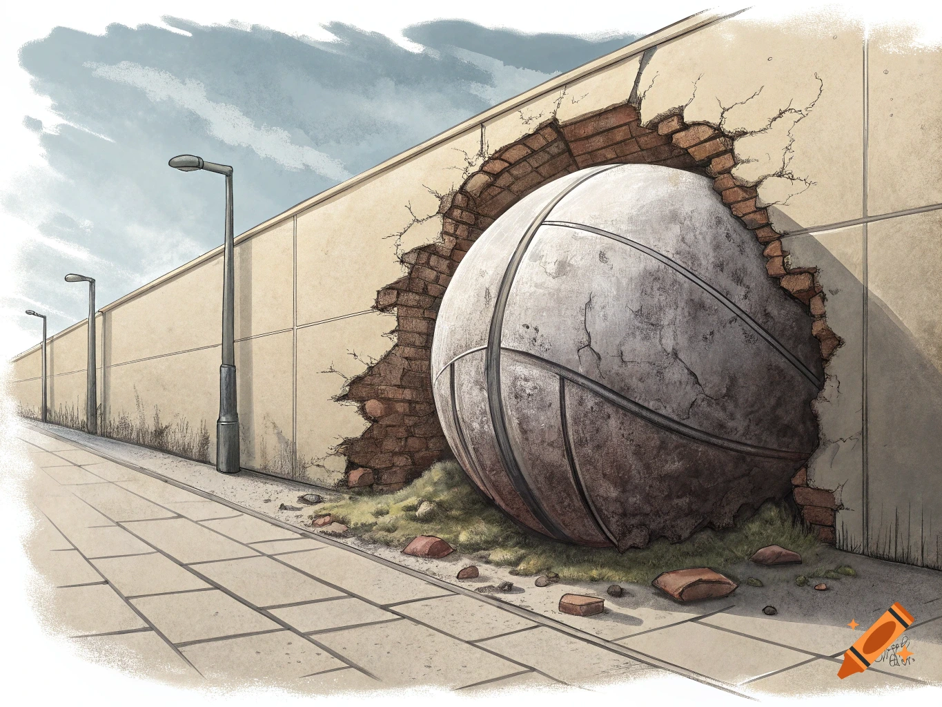 A giant, weathered basketball protrudes from a cracked brick wall on a sidewalk, with streetlights in the background in an illustrative style.