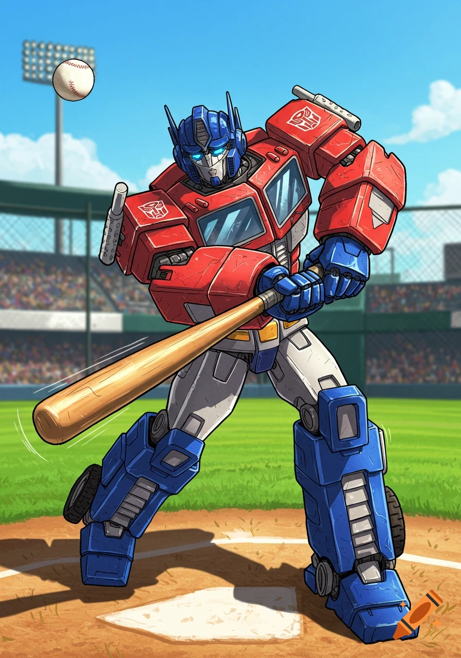 Optimus Prime, a red and blue robot, swings a baseball bat at a stadium, about to hit a baseball in a cartoon style.