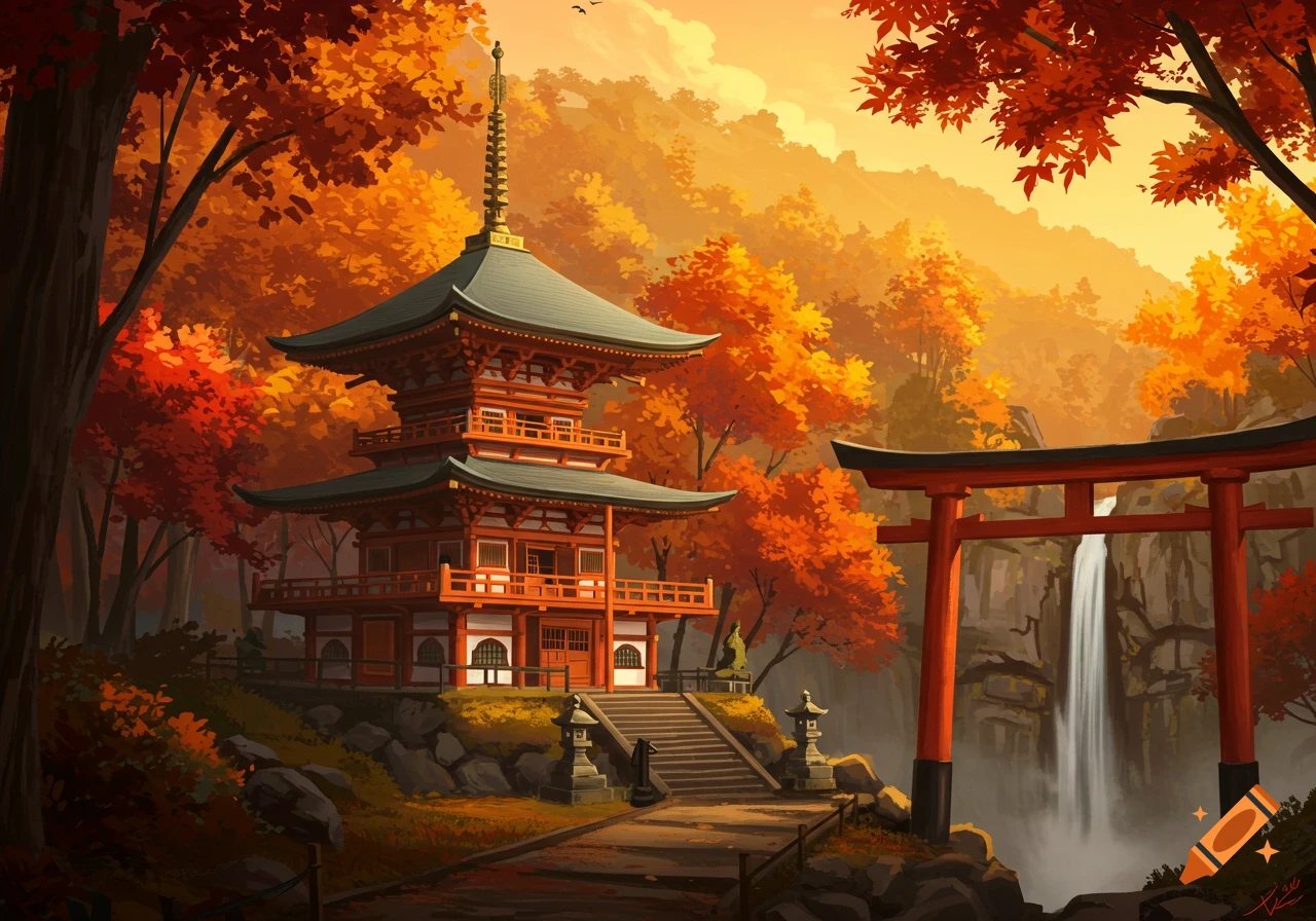 A vibrant autumn landscape features a traditional Japanese pagoda temple and a red torii gate next to a waterfall, surrounded by colorful foliage.