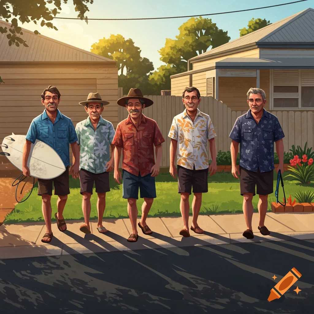 Five middle-aged men, dressed casually, walk down a suburban street in an illustrated style, one holding a surfboard.