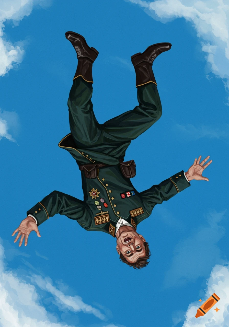 A man in a green military uniform falls upside down through a blue sky with white clouds.