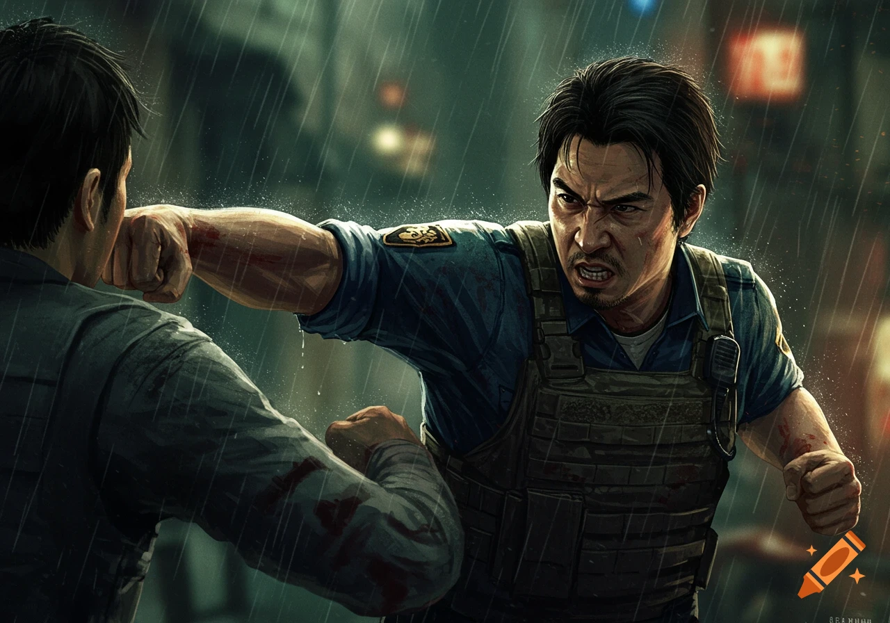 Two men fighting intensely in the rain at night, one throwing a punch at the other in a gritty digital art style.