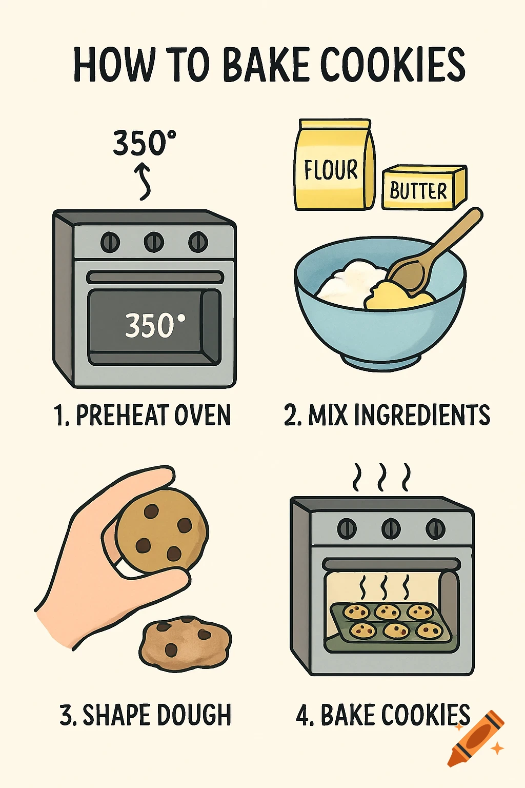 A cartoon diagram illustrating four steps to bake cookies: preheating the oven, mixing ingredients, shaping dough, and baking cookies.