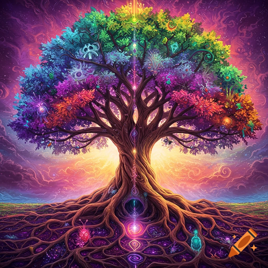 A vibrant, rainbow-colored tree of life with glowing roots and mystical symbols, set against a swirling, psychedelic sky.