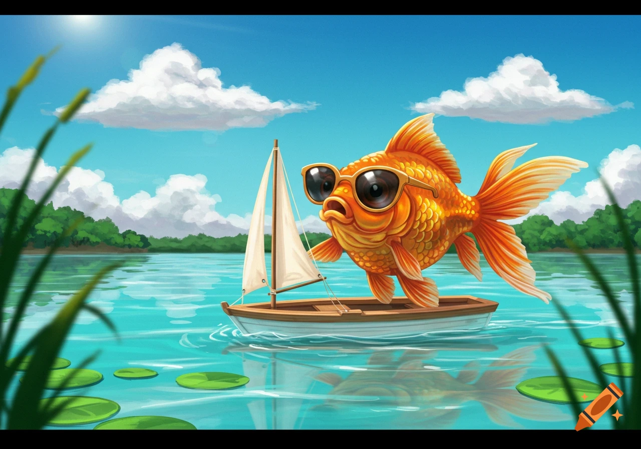 A cartoon goldfish wearing sunglasses steers a small sailboat on a bright blue lake under a sunny sky.