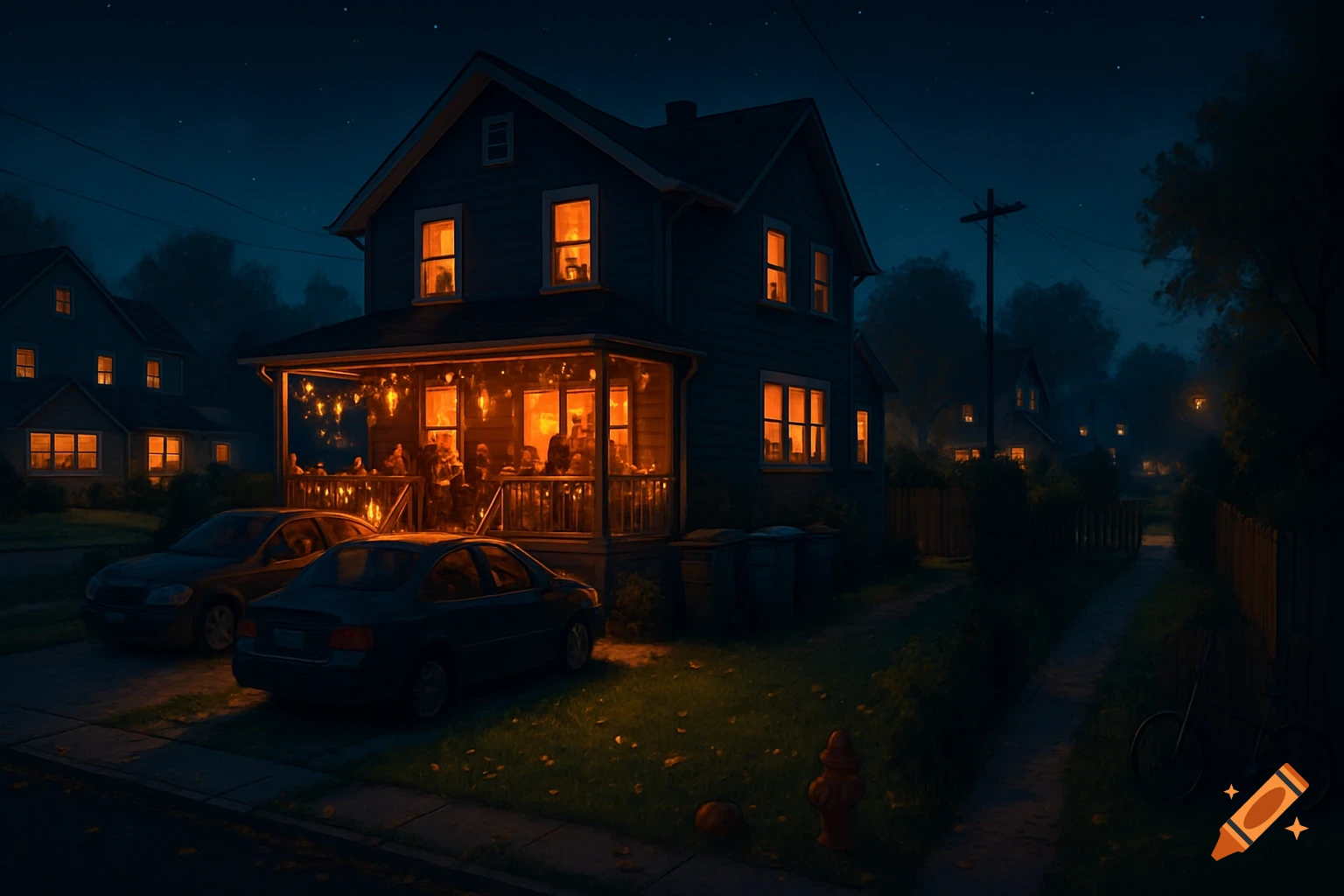 A cozy suburban house with a lit porch party at night, with cars in the driveway and other houses visible under a starry sky.