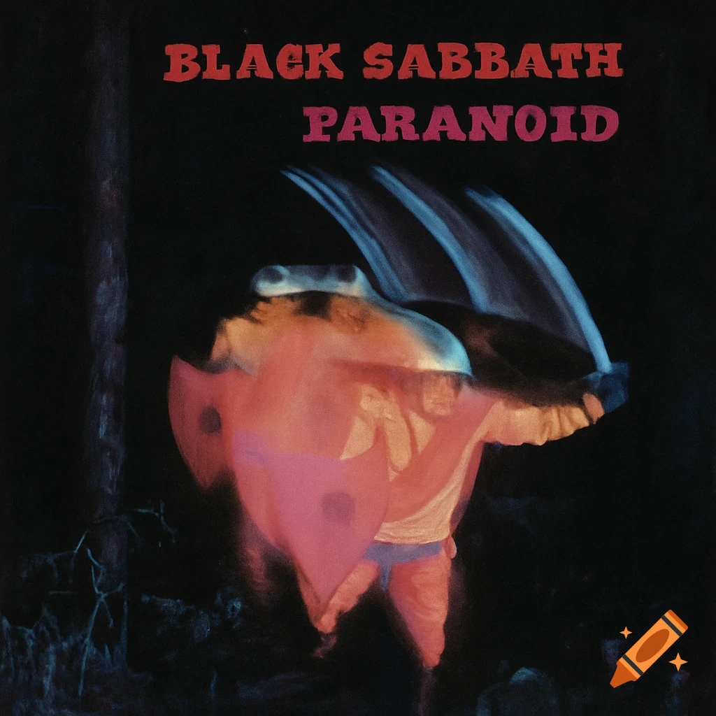 Album cover for Black Sabbath's Paranoid, featuring a blurred figure in red holding a weapon against a dark background.