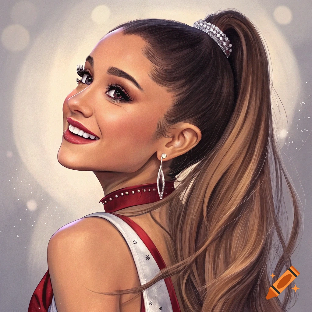 Stylized portrait of Ariana Grande smiling and looking over her shoulder, wearing a high ponytail and red and white outfit.