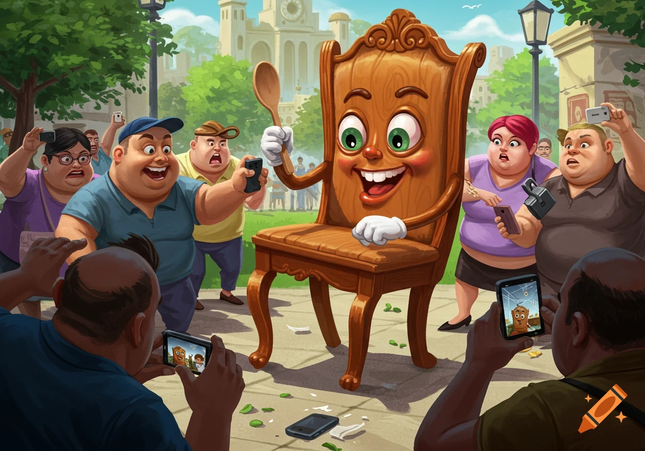 A happy, living wooden chair with eyes and a mouth holds a spoon, surrounded by shocked people filming it with cell phones in a park.