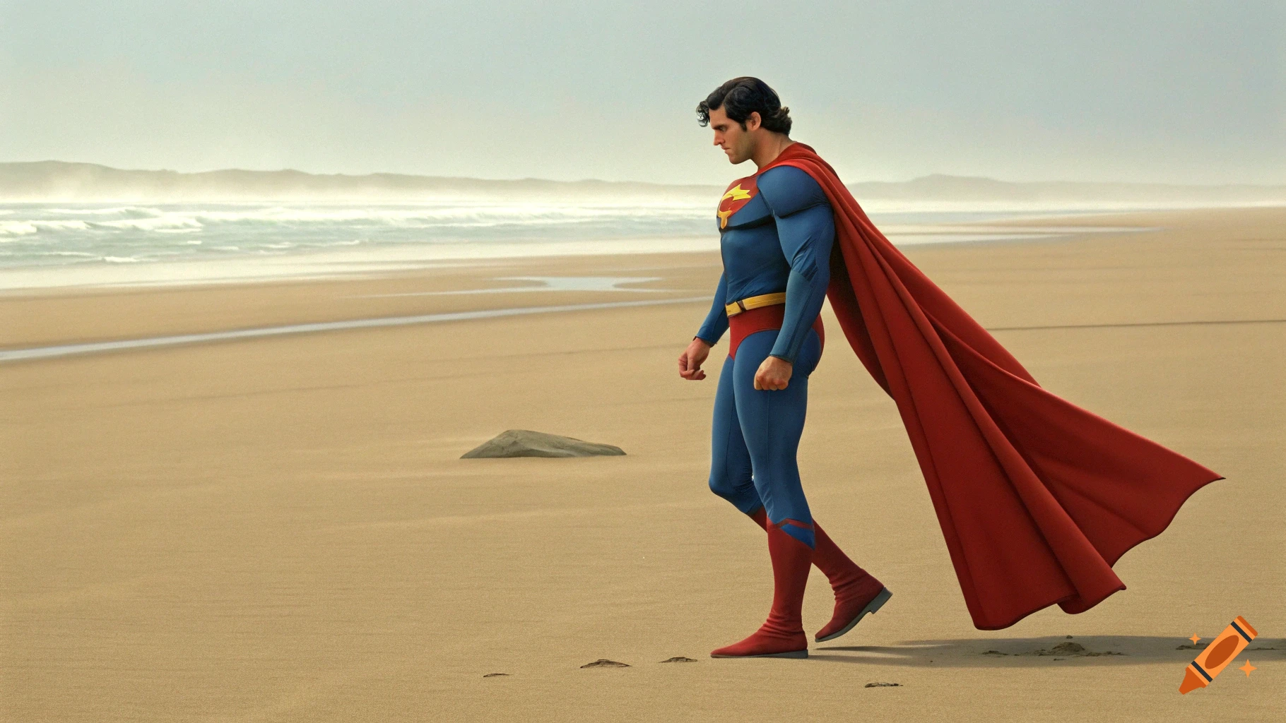 Superman in his blue and red suit and cape walks along a sandy beach with the ocean in the background.