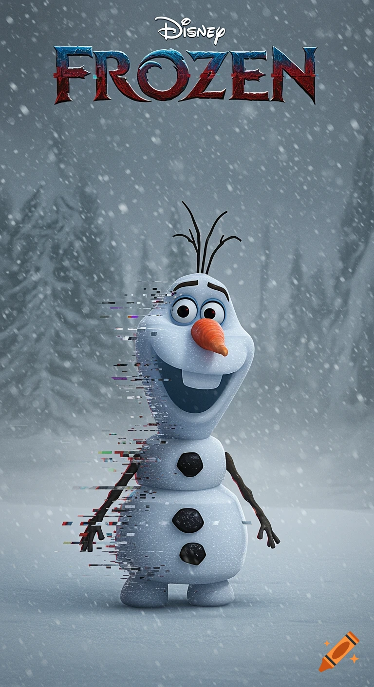 A stylized poster showing Olaf, a smiling snowman, with glitch effects on his left side, standing in a snowy landscape under the 'Disney Frozen' logo.