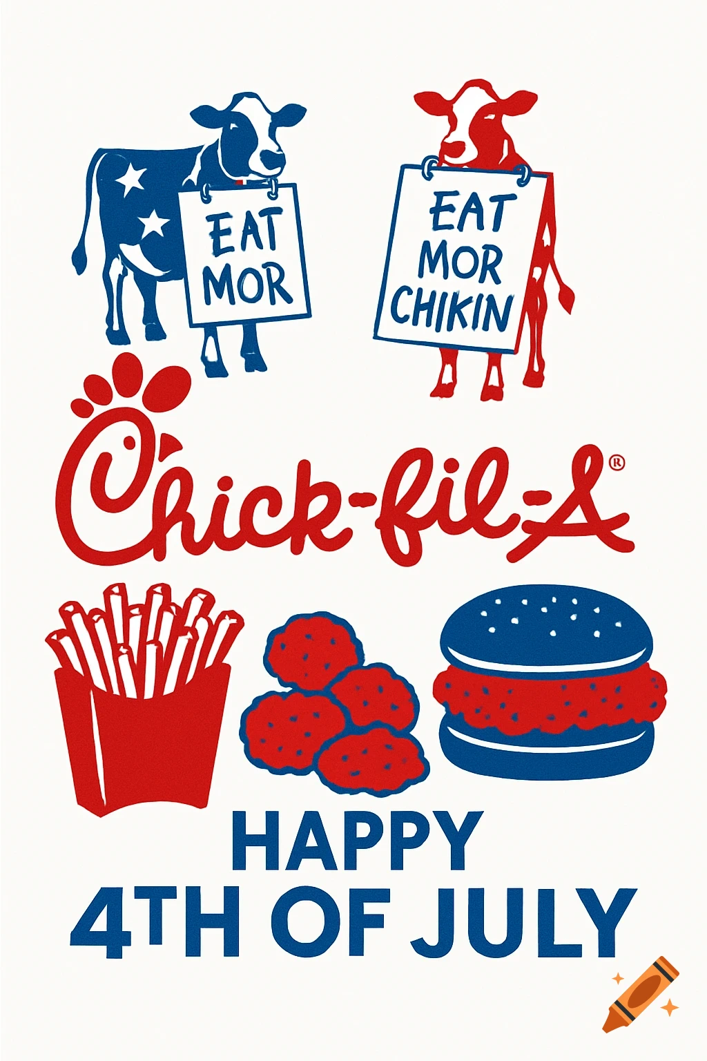 Chick-fil-A 4th of July illustration with patriotic cows holding 'Eat Mor Chikin' signs, fries, nuggets, and a chicken sandwich.