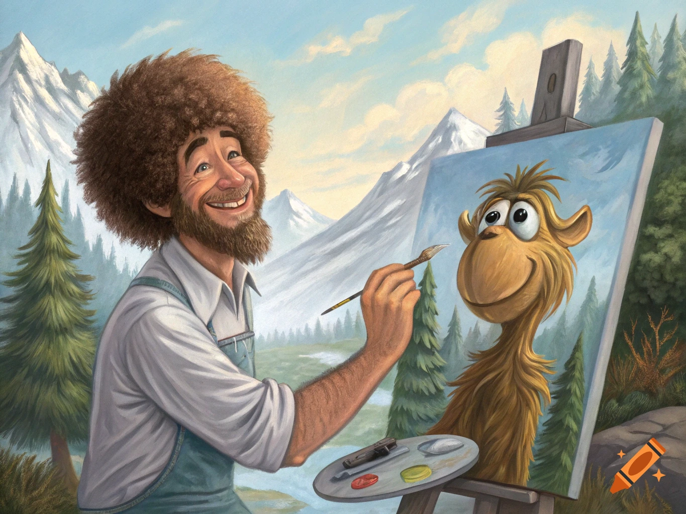 Bob Ross happily paints a smiling, furry brown alien character on an easel in a scenic mountain landscape with pine trees.