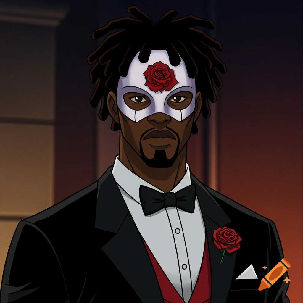A Black man with dreadlocks and a goatee, wearing a white opera mask with a rose and a black tuxedo with a red vest, in a superhero animation style.