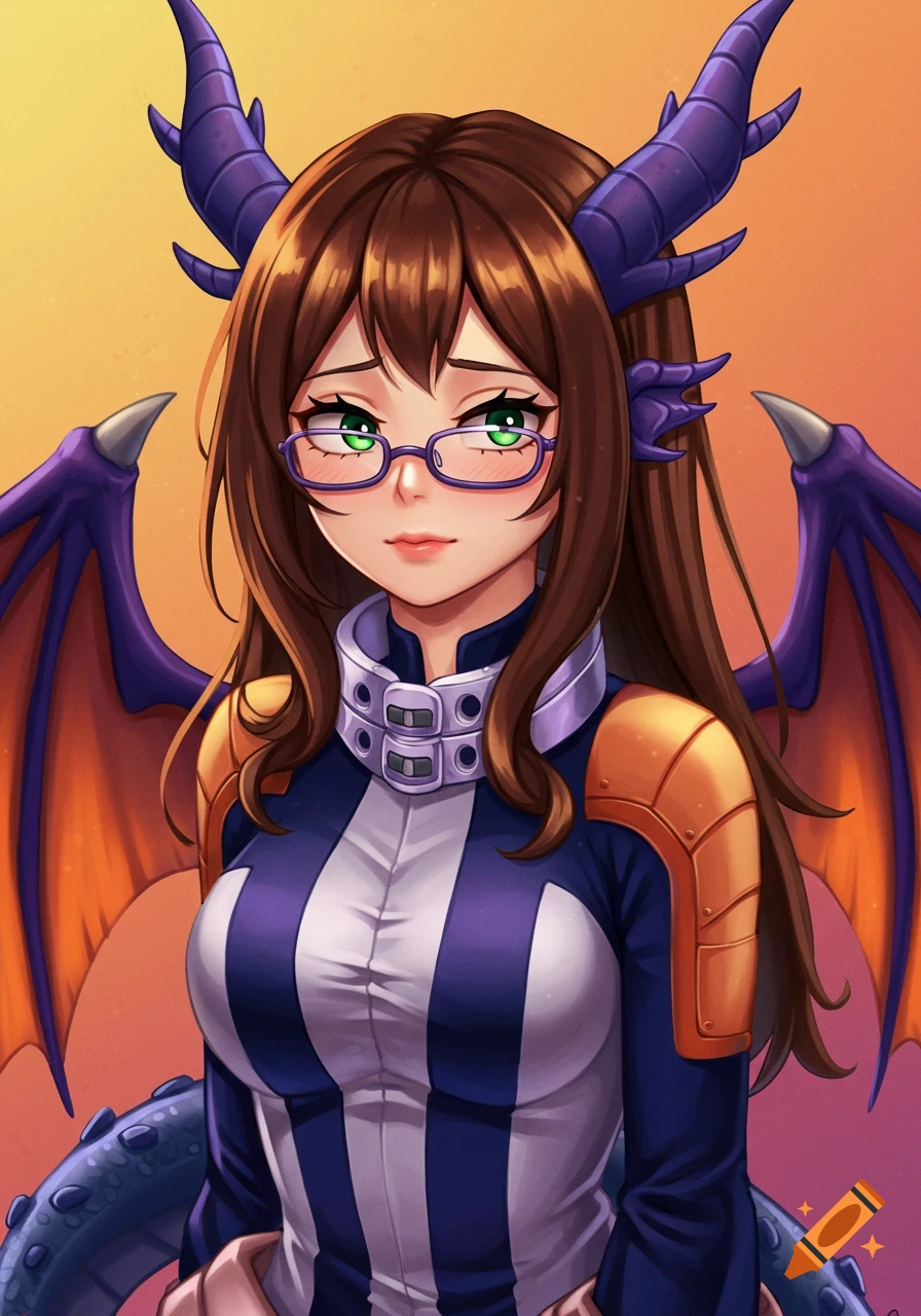 An anime girl with long brown hair, green eyes, purple glasses, dark blue horns, and purple-orange dragon wings, wearing a purple and white hero costume with a shy expression.