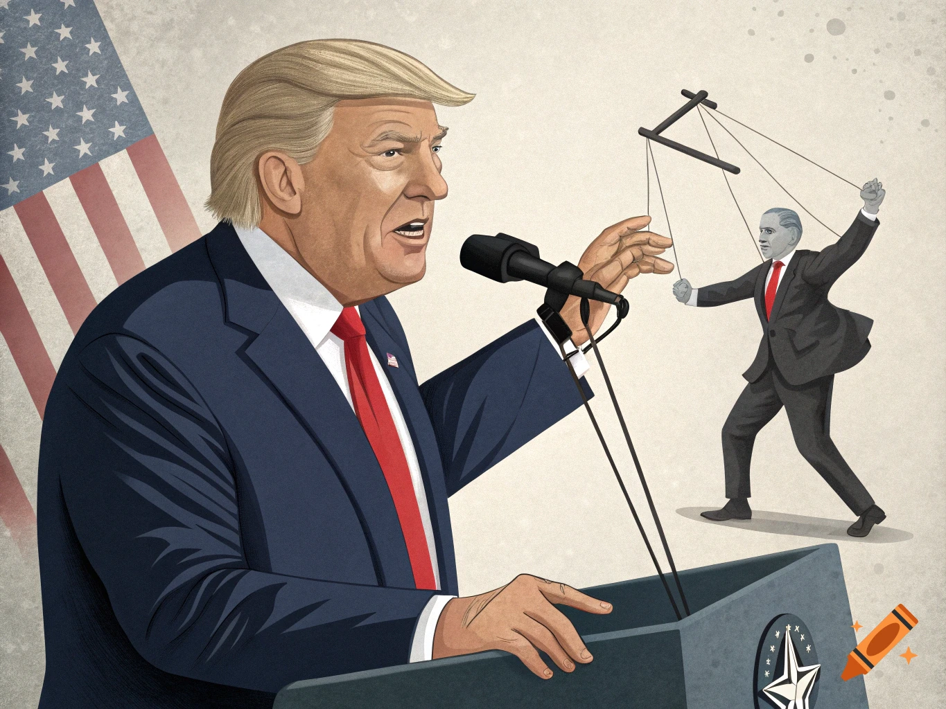 An illustration depicts Donald Trump speaking at a podium, while his right hand subtly manipulates a puppet figure resembling Barack Obama with strings. An American flag is in the background.