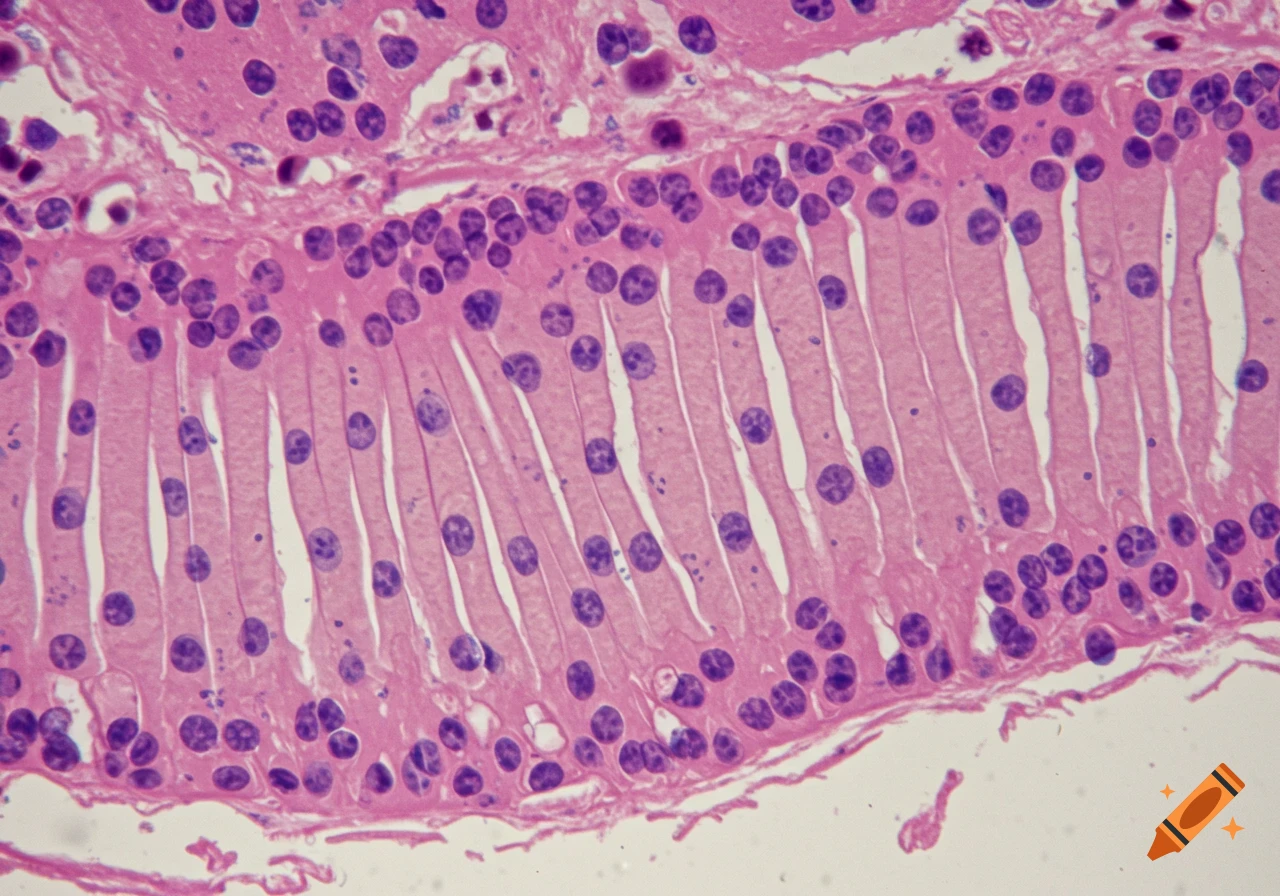 Microscopic view of pink simple columnar epithelial cells with purple nuclei.
