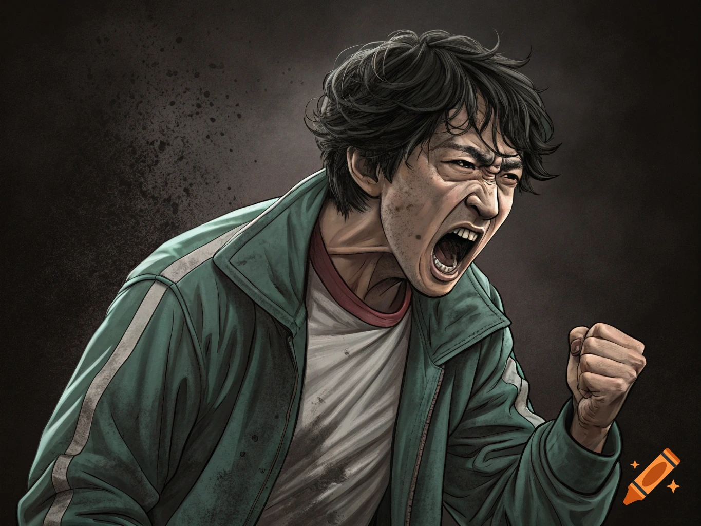 Illustration of Gi-hun from Squid Game with a mad, screaming expression, clenching his fist.
