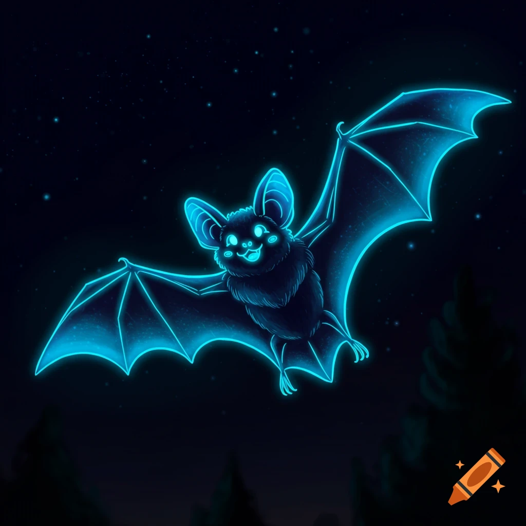 A happy, cartoon-style bat glows electric blue, flying against a dark, starry night sky with tree silhouettes.