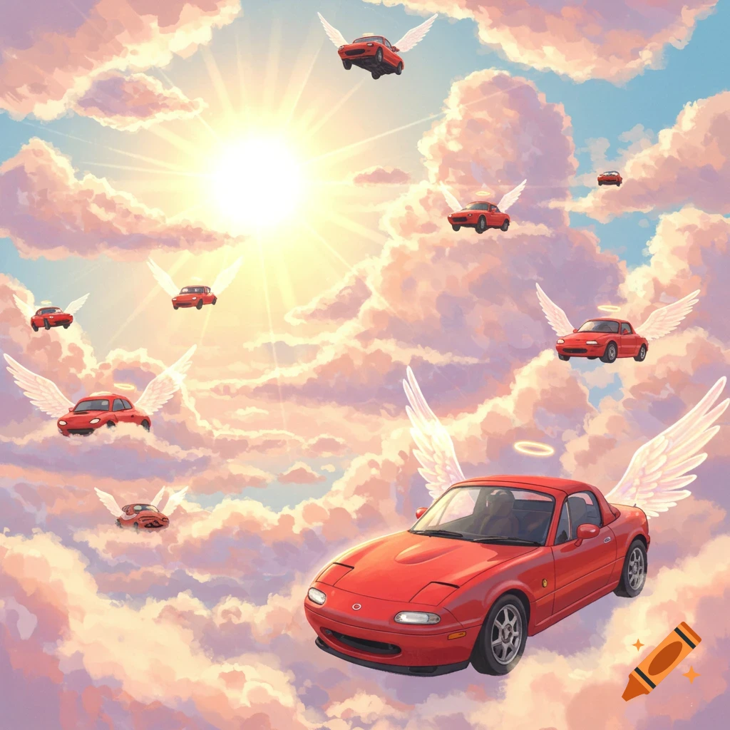 Red Mazda Miatas with white wings and halos float among pink and white clouds in a bright blue sky with a radiant sun.