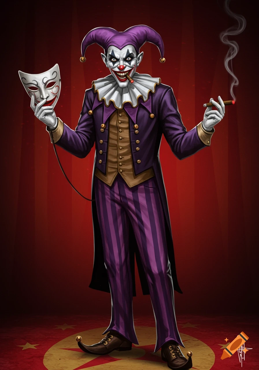 An illustration of a creepy jester in purple and gold, holding a white mask and smoking a cigar, standing on a circus floor.