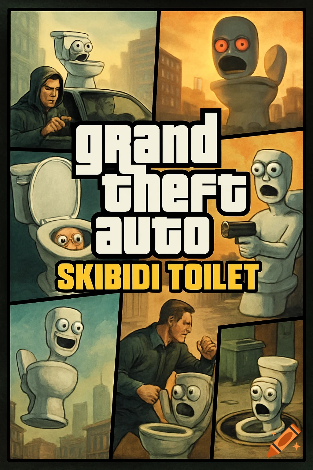 Comic book style cover art for Grand Theft Auto Skibidi Toilet edition  featuring scenes with men and humanoid toilets in an urban setting. on  Craiyon