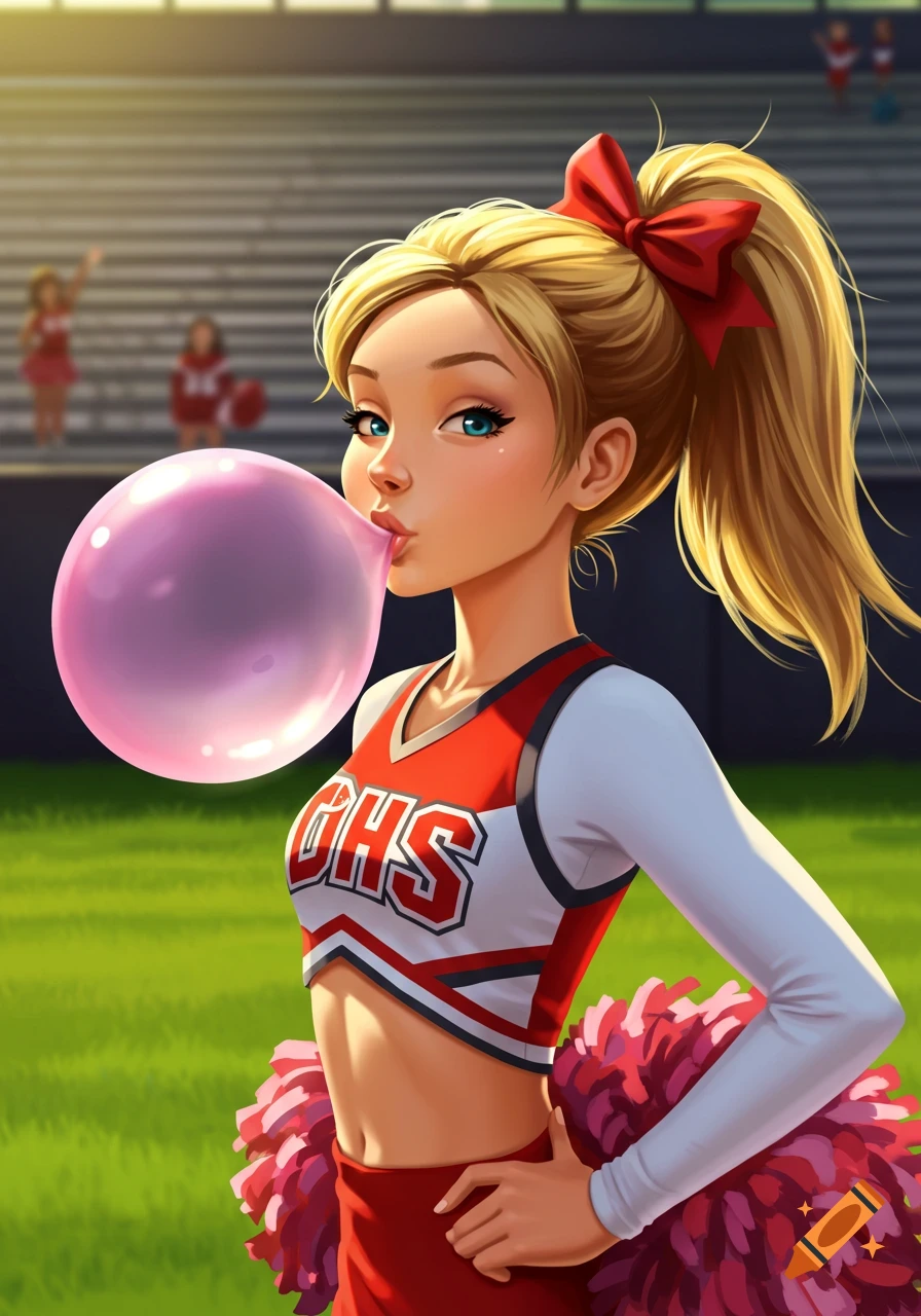 A blonde cartoon cheerleader in a red and white uniform blows a pink bubble gum bubble on a sports field.