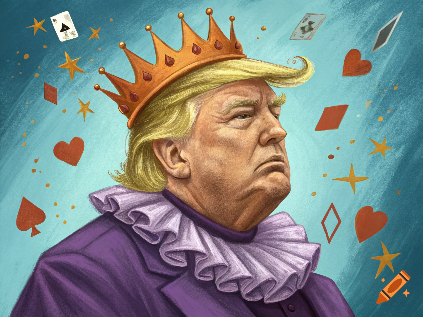 A colorful caricature portrait of Donald Trump wearing a crown and a purple ruffled collar, with playing card symbols in the background.
