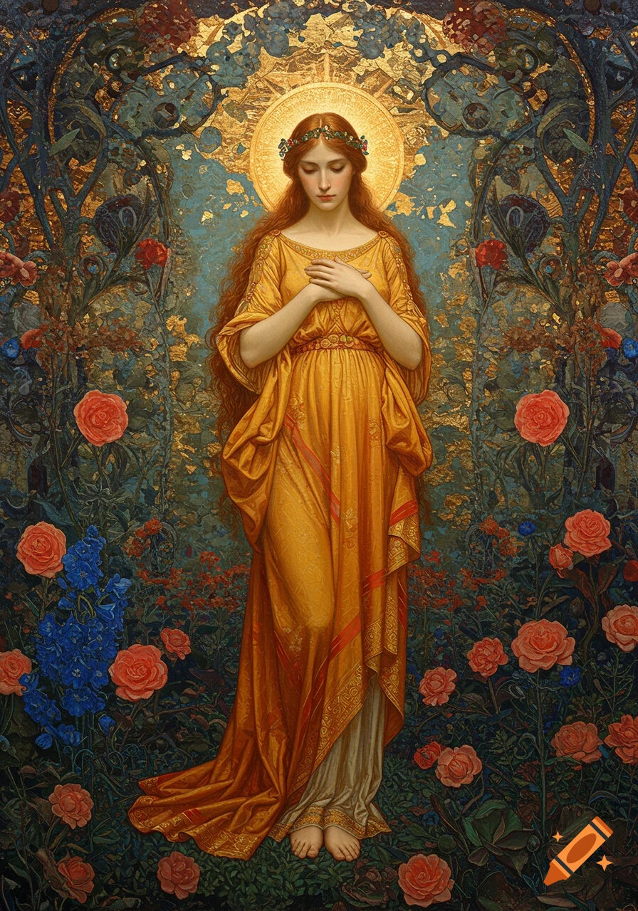 A Pre-Raphaelite style painting of a woman with long red hair and a ...