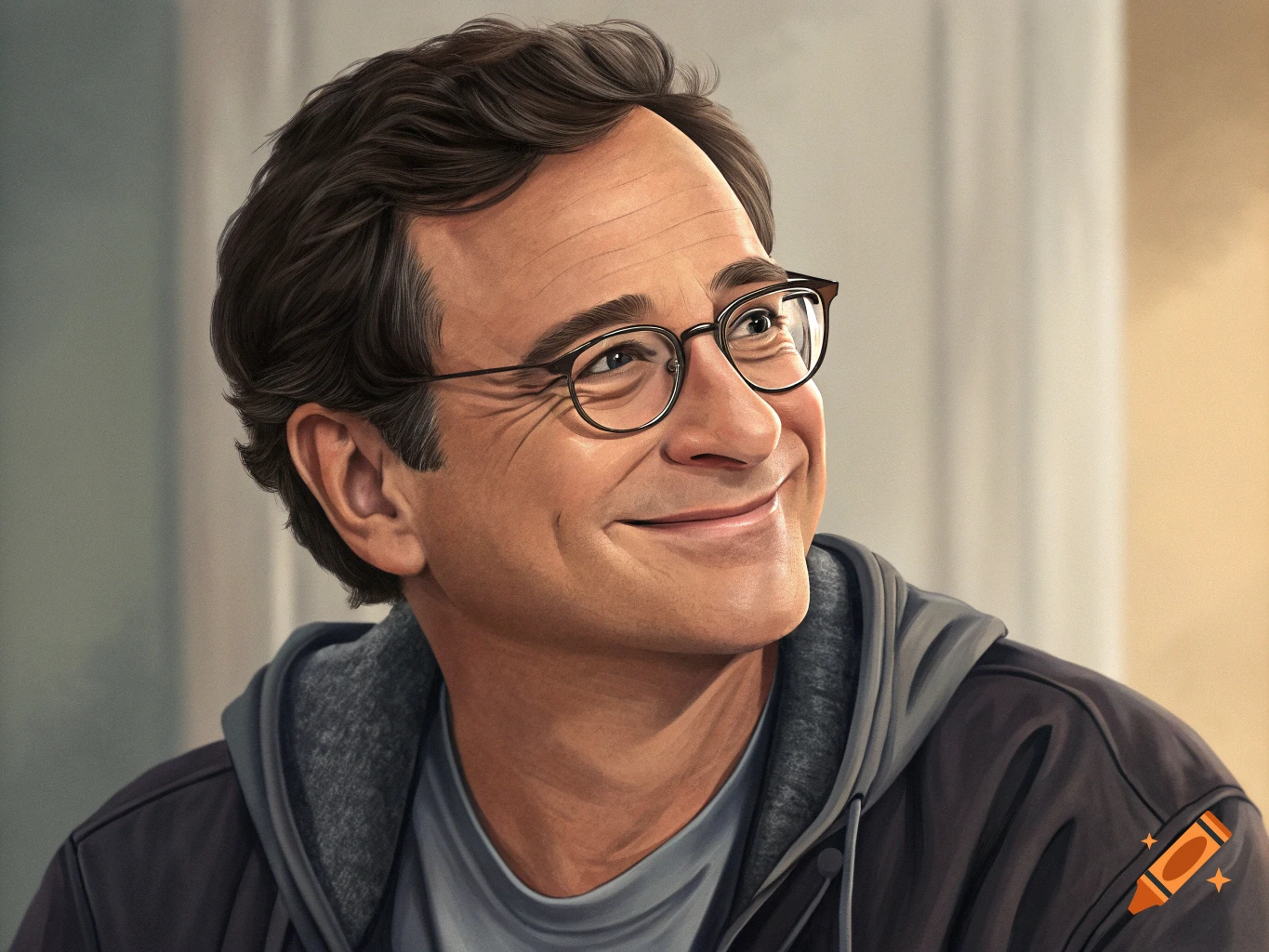 Digital painting of Bob Saget smiling and looking up.