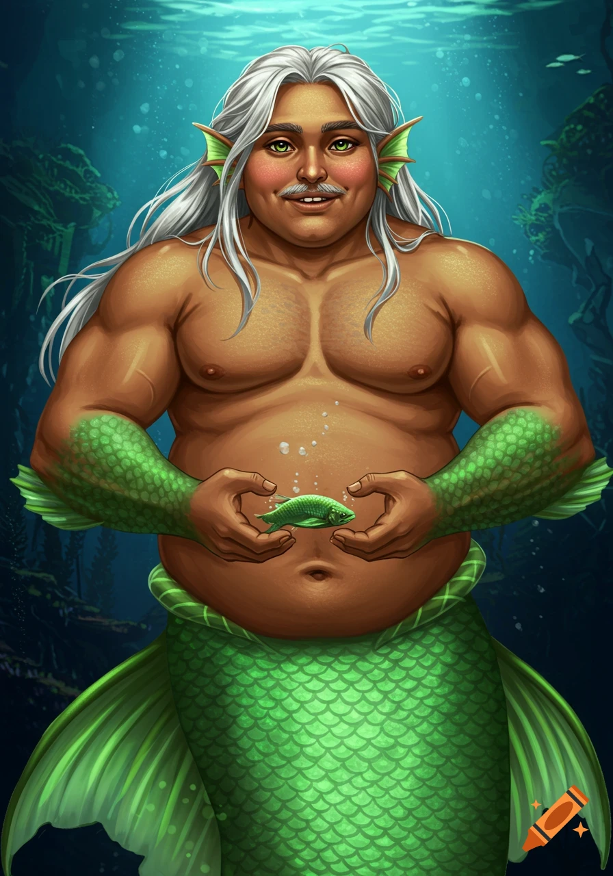 A semi-realistic merman with white hair and a mustache, muscular upper body, and a green scaled tail, holding a small green fish underwater.