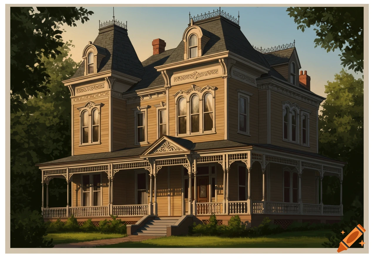 A large, ornate Victorian-style house with a wraparound porch and ...