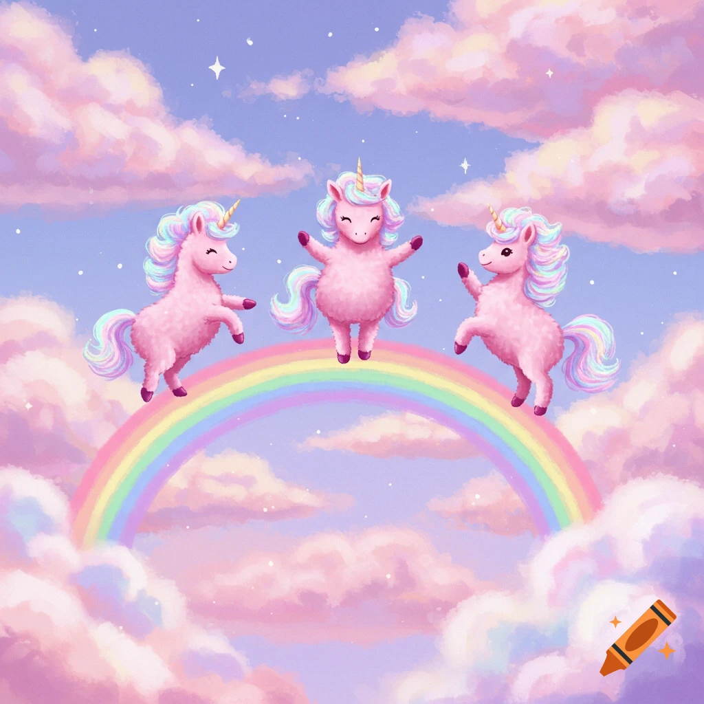 Three fluffy pink unicorns with rainbow manes dance on a pastel rainbow above dreamy pink clouds and stars.