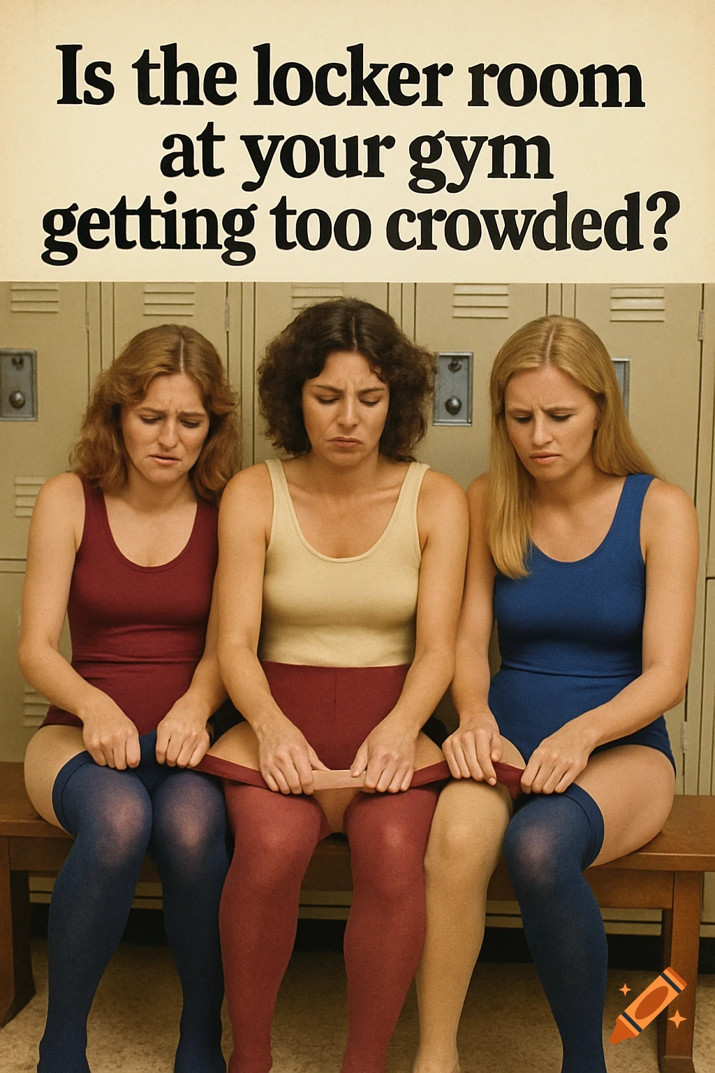 Three women in leotards struggle to put on tights in a crowded 1970s locker room, with the text 'Is the locker room at your gym getting too crowded?' above them.