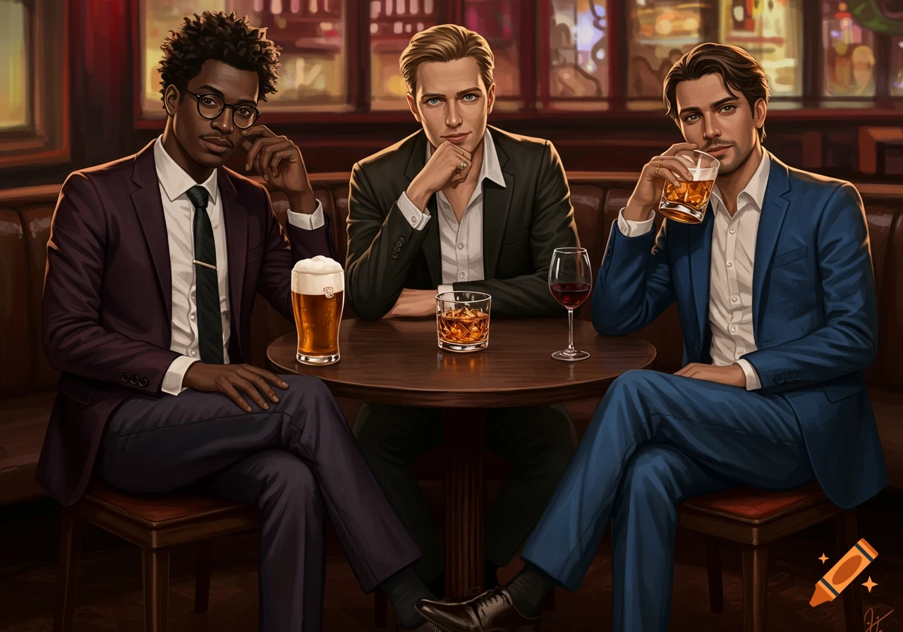 Three men in suits sit at a table in a dimly lit pub, drinking beer, whiskey, and wine in a detailed digital illustration.