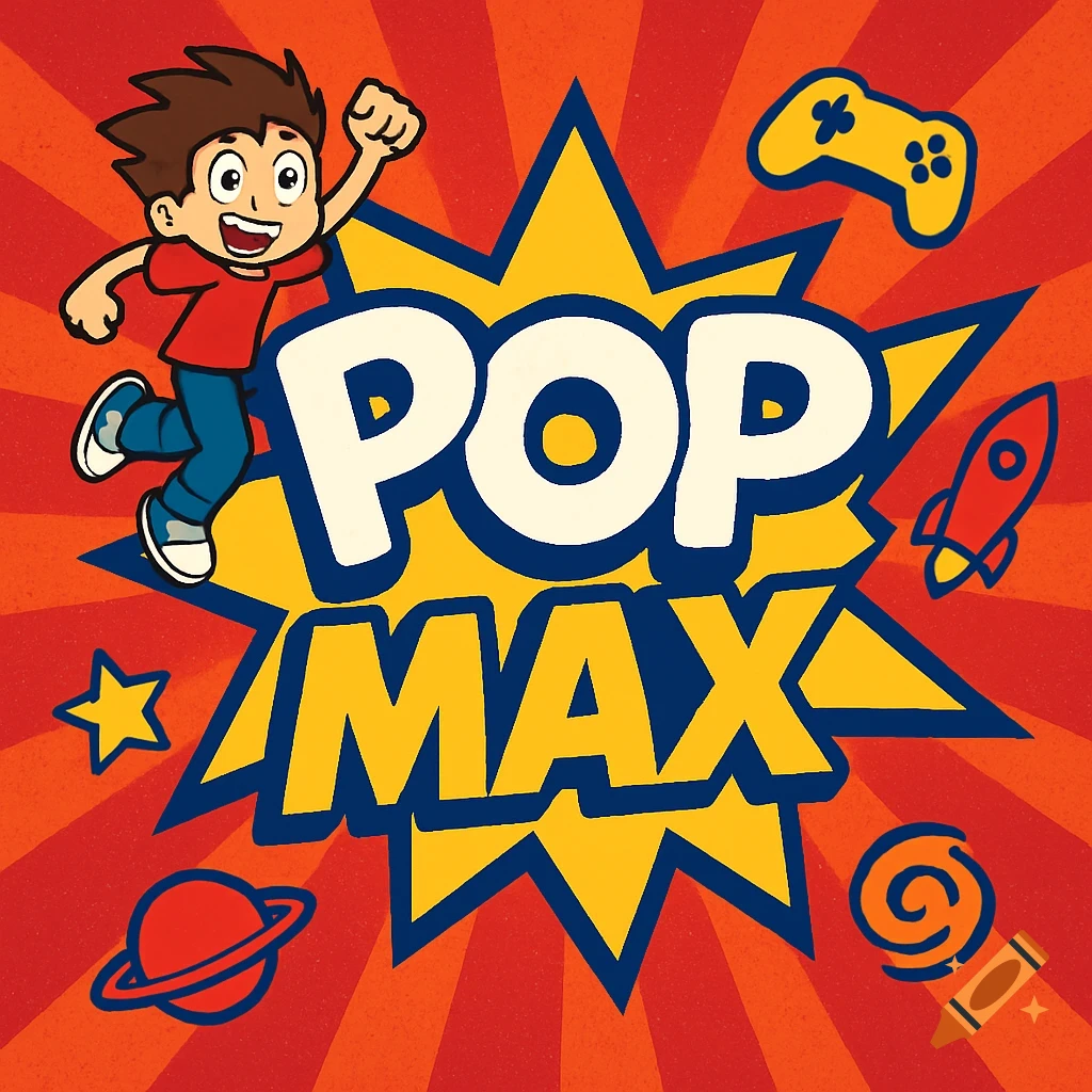 A vibrant cartoon logo with a jumping boy and 'POP MAX' in a yellow starburst, with a gamepad, rocket, and planet on a red background.