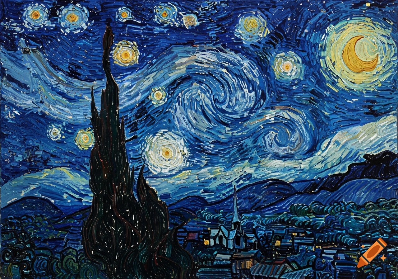A vivid, post-impressionist painting in Van Gogh's style depicts a swirling cool-toned night sky over a dark village with a tall cypress tree.
