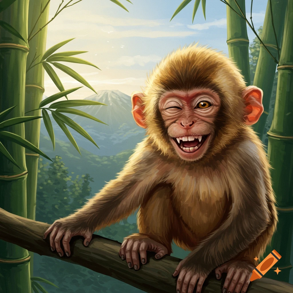 A happy cartoon monkey winks and smiles, sitting on a branch in a vibrant bamboo forest with mountains in the background.