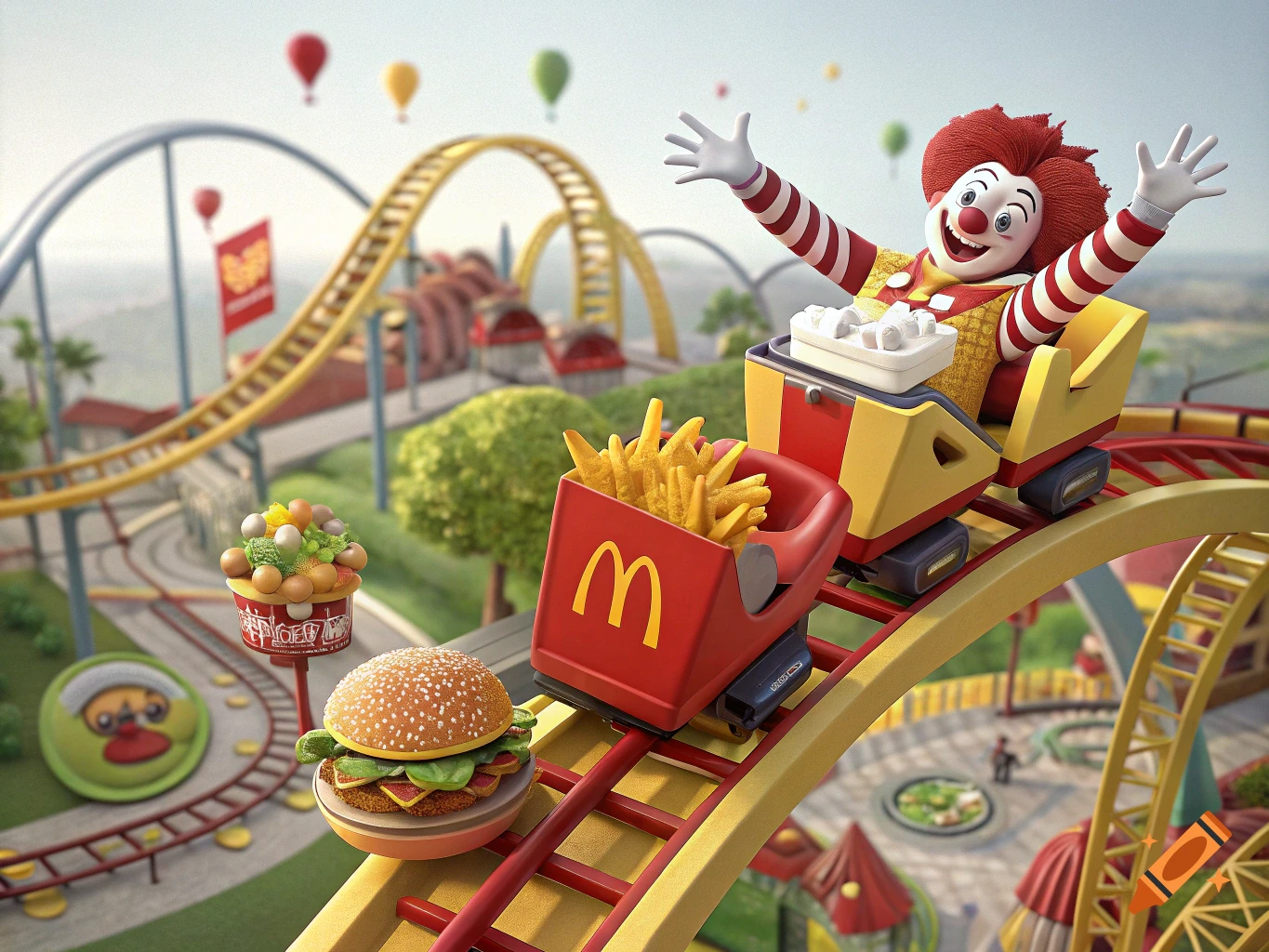 Ronald McDonald rides a roller coaster with fries and a hamburger car in a vibrant, cartoonish amusement park setting.
