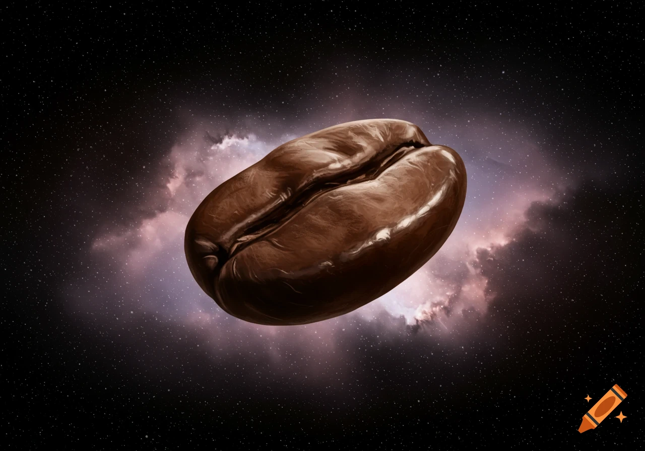A large, photorealistic coffee bean floating in a dark starry space with a purple and pink nebula behind it.