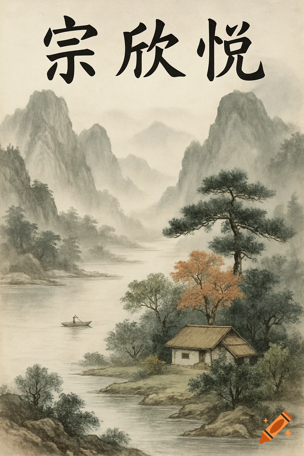 A traditional Chinese ink wash landscape painting with misty mountains, a river, a house, and a boatman, with Chinese characters.