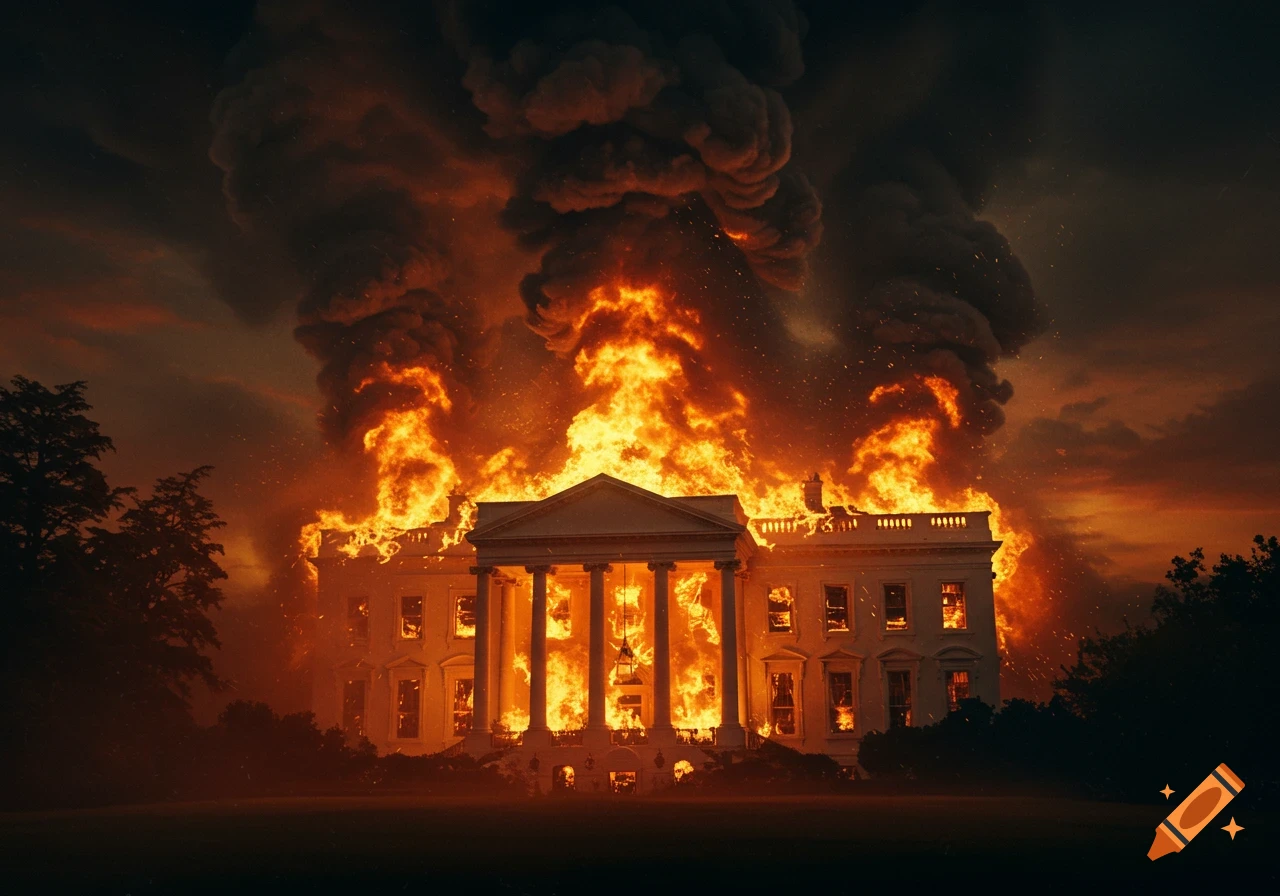 The White House is engulfed in massive flames and thick smoke under a dark, fiery sky.