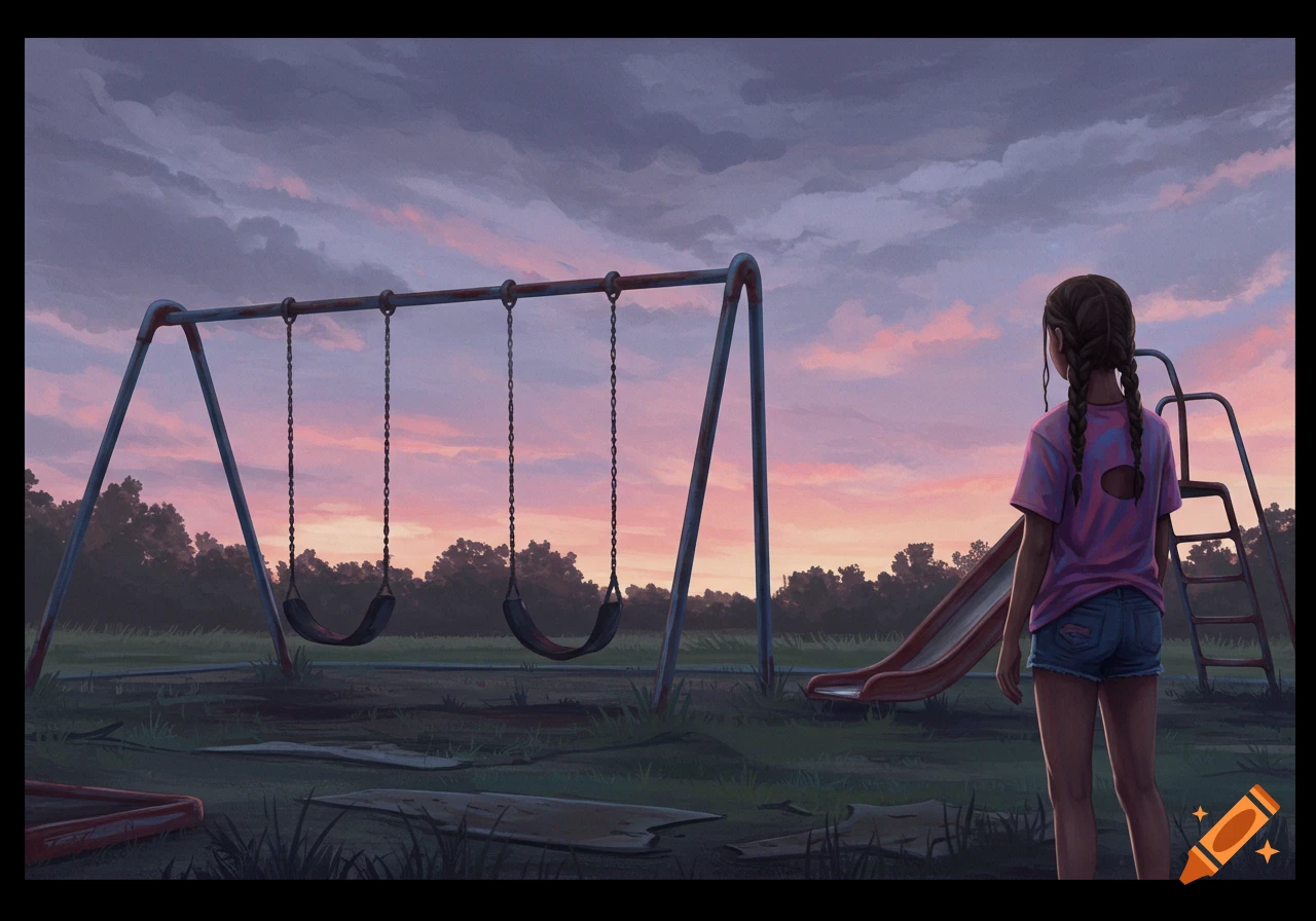 An illustration of a young girl standing in an empty, overgrown playground at dusk, looking at the colorful sunset sky.