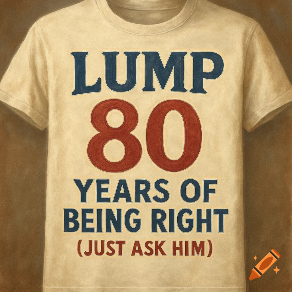 A cream-colored t-shirt with text in blue and red. The text reads 'LUMP 80 YEARS OF BEING RIGHT (JUST ASK HIM)'.