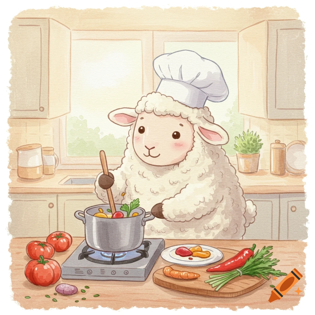 A cute watercolor illustration of a sheep wearing a chef's hat, stirring a pot on a stove in a kitchen.