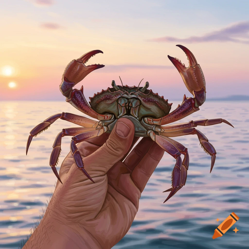 A large colorful crab held by a hand, against a backdrop of a calm ocean at sunset. Digital painting style.