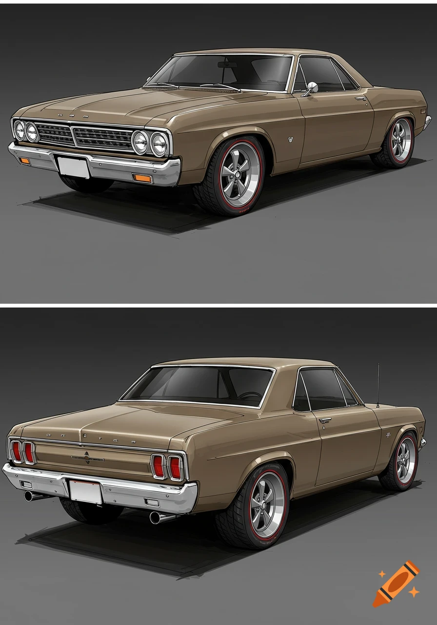 Two views of a vintage brown two-door coupe car, illustrated in a sketch style on a grey background.