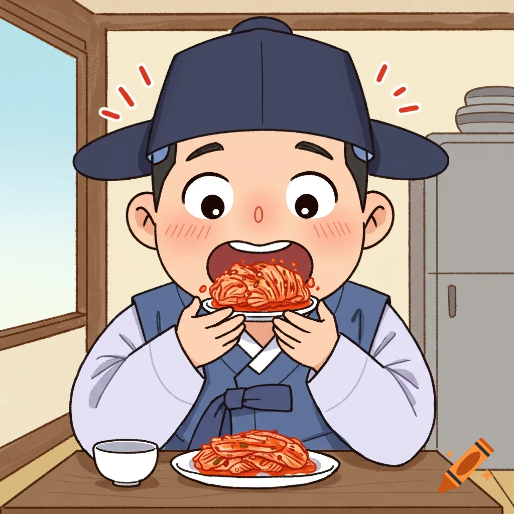 A cartoon Korean character in a traditional hat enthusiastically eats a large plate of kimchi.